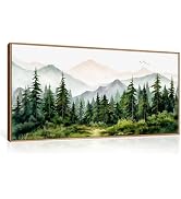 Ausril Green Forest Tree Mountain Range Framed Canvas Wall Art, Watercolor Nature Wall Decor, Woo...