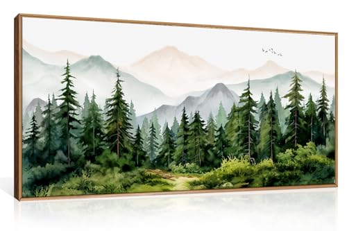 Image of Ausril Green Forest Mountain Range Framed Canvas Wall Art -20''x40'' | Watercolor Nature Tree Wall Decor Neutral Woodland Wall Painting, Modern Wilderness Art Print for Living Room Bedroom Office
