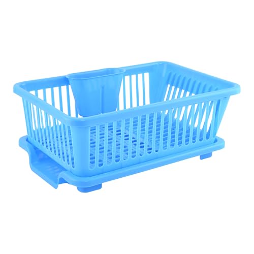 Image of Kuber Industries Plastic Sink Dish Drainer Rack | 3 in 1 Large Durable Drainer Drying Rack Washing Basket with Tray | Home & Kitchen Dish Rack Organizers, Utensils Tools Cutlery - Blue