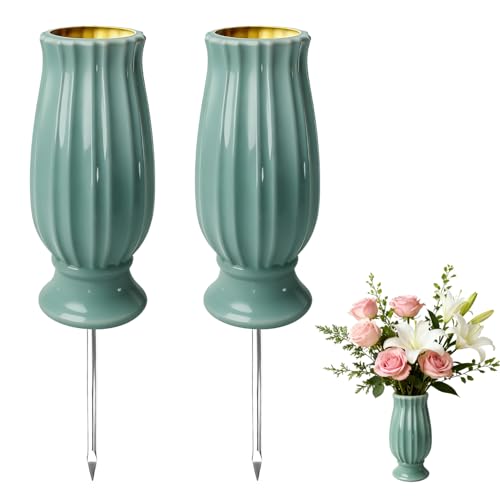 2 vasi funerari con picchetto, svasati per cimitero con punte in metallo e fori di drenaggio, supporto per fiori commemorativi con picchetto per lapide, cimitero, decorazioni commemorative
