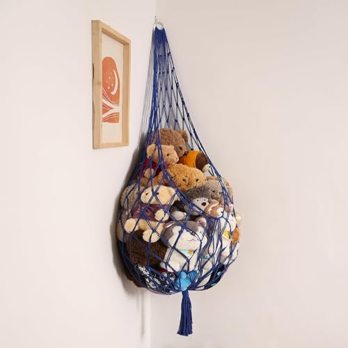 Image of Amdermi Novel Stuffed Animal Hammock Corner Hanging Net for Stuff Aniaml Storage Macrame Toy Display Plush Toy Holder-Perfect for The Tiny Space Walls (blue, XXL)