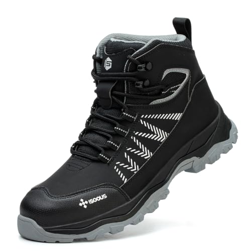 ISOOUS Chaussures de Sécurité Hommes Femme Montante Légère Botte de Sécurité Basket de Securite Antidérapant Respirant Noir 42 EU