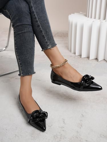 Women Patent Leather Pointed Toe Ballet Flats with Chain Embellishment Daily Shoes2
