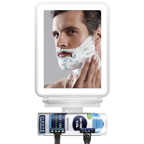 Beltruci Large Fogless Shower Mirror with Light, Anti-Fog, LED, Wall Mount, Dimmable with 3 Lighting Modes, Storage Shelf, Shaving, White