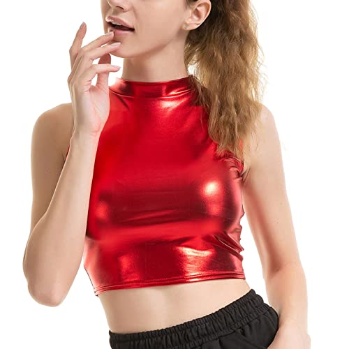 Shinsto Women's Holographic Shiny Metallic Dance Tank Tops Sleeveless Crop Top Vest Clubwear3