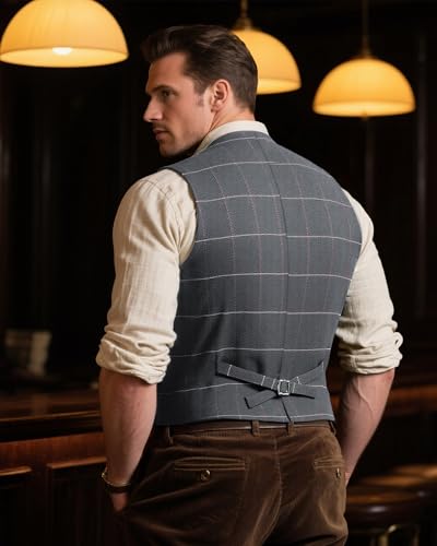 Men's Wool Tweed Vest Big and Tall Herringbone Plaid Waistcoat4