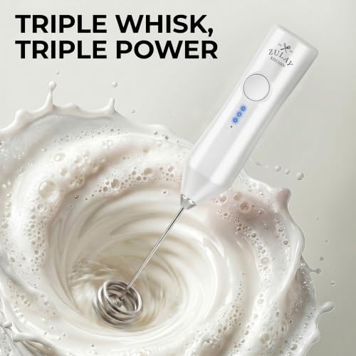 Image of Zulay Kitchen Rechargeable Milk Frother Handheld - Frother Wand, Drink Mixer, Electric Whisk Frother, for Cappuccinos, Matcha & Protein Powder - Dynamic Triple Whisk, 3 Speed 500mAh White