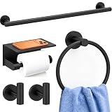 5 Pieces Bathroom Hardware Accessories Set Matte Black, 24Inch Round Towel Racks Set for Bathroom, SUS304 Stainless Steel Towel Bar Set, Toilet Paper Holder with Shelf Wall Mounted