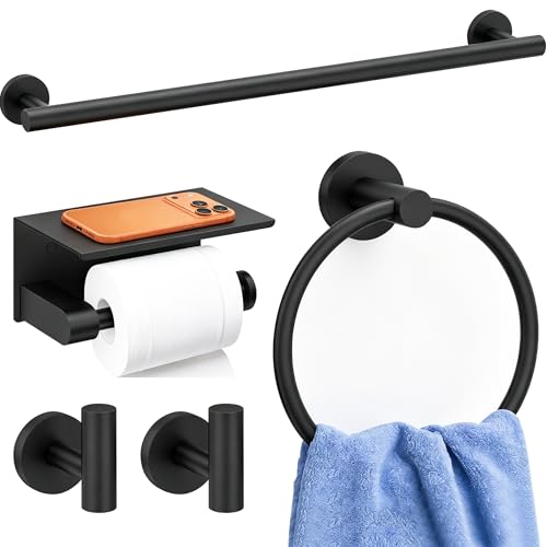 5 Pieces Bathroom Hardware Accessories Set Matte Black, 24Inch Round Towel Racks Set for Bathroom, SUS304 Stainless Steel Towel Bar Set, Toilet Paper Holder with Shelf Wall Mounted