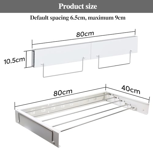 Gemsaya Wäscheständer Wandmontage, 80cm Ausziebar Wandtrockner mit Zwei Zuglaschen, Edelstahl Wand Klappbar Wäschetrockner, Platzsparender Wandmontiert Wäscheleine für Indoor & Outdoor Balkon, Weiß