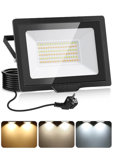 Litglobe 50W LED Strahler Außen mit Stecker & 1.5M Kabel,3000K/4500K/6500K LED Scheinwerfer mit Speicherfunktion,5000LM IP66 Wasserdicht LED Fluter Flutlichtstrahler für Hof Garten Garage Sportplatz