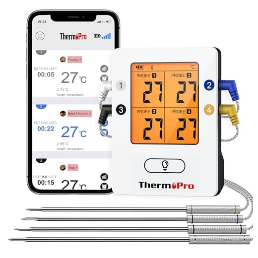 ThermoPro Bluetooth 5.0 Digital Bratenthermometer Grillthermometer Funk Fleischthermometer mit 4 Sonde für BBQ, Garraum, Smoker, Steak, Unterstützt IOS, Android, Reichweite bis zu 150m