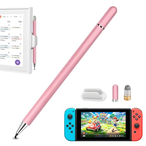 Image of Stylus and Mount for Nintendo Switch /Skylight Calendars 15 /27 Inch, Dual Tip with Mesh and Disc Tip | Magnetic Pen Cap | Flexiple Stylus Holder Mount to Calendar,Capacitive Stylus Pen-White-Pink