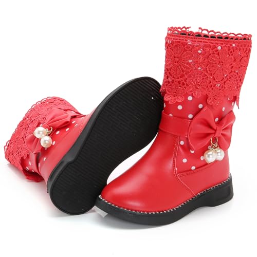 WUIWUIYU Girl's Waterproof Lace Bowknot Pearls Side Zipper Fur Winter Mid-calf Boots (Toddler/Little Kid/Big Kid)4