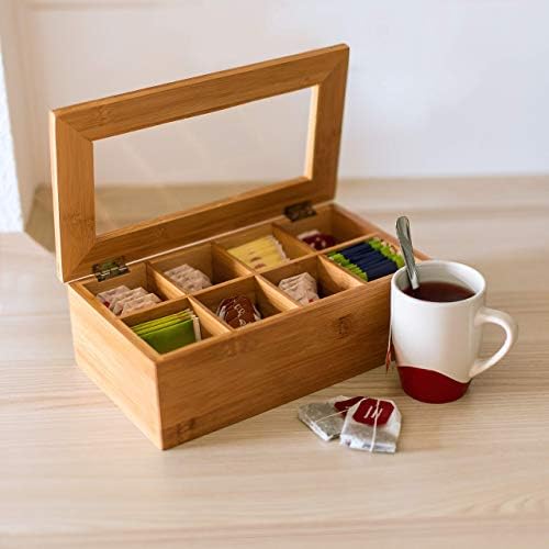Relaxdays Bamboo Box with 8 Compartments Bag Caddy Wooden with Closable Lid + Window Chest Aroma-Proof Storage for Fresh Tea, Lacquered, Brown, 9 x 28 x 16 cm