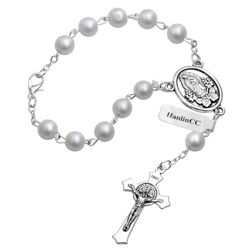 HanlinCC One Decade Catholic Rosary with St.Michael Divine Mercy Guadalupe Medal Auto Rosary Hang on Rearview Mirror (White Guadalupe)