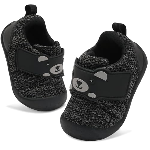 JOINFREE Baby Walking Wide Shoes Infant Boys Girls Breathable Barefoot Shoes Crib Tennis Shoes Lightweight Non-Slip Sneakers First Walkers BlackGrey 12-18Months