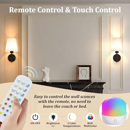 Battery Operated Wall Sconces Set of 2, Rechargeable Black Wall Sconce with Remote Control, 12 Colors RGB Magnetic Bulb, Wireless Battery Wall Lamp for Bedroom Living Room Hallway - Image 6