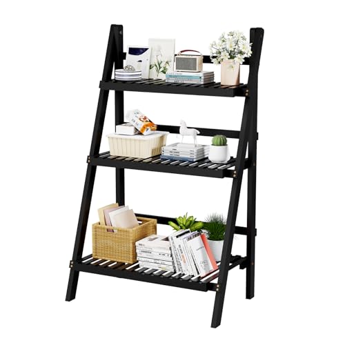 Image of oakvivo 39.4 inch Foldable Plant Shelf Ladder Shelf, 3 Tier Bamboo Ladder Flower Pot Display Shelf, Freestanding Ladder Bookshelf for Garden, Balcony, Yard, Living Room, 23.6 inch W x 15 inch D x 39.4 inch H, Black