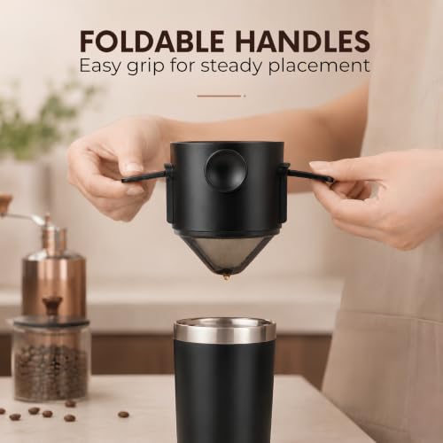 Image of Reusable Pour Over Coffee Filter with Dual-Layer 304 Stainless Steel Mesh, Foldable Handles, BPA-Free Coffee Dripper Filter for Single Cup Brewing, Portable Reusable Coffee Filter