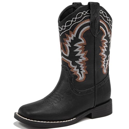 Parrosoo Toddler Cowboy Boots for Boys Cowgirl Kids Western Boot Girls Riding Shoes Size 9 Square Toe Wide Calf Boy Horse West Clothes Cow Horseback Low Heel Hunting Fashion(8902 Black 9)