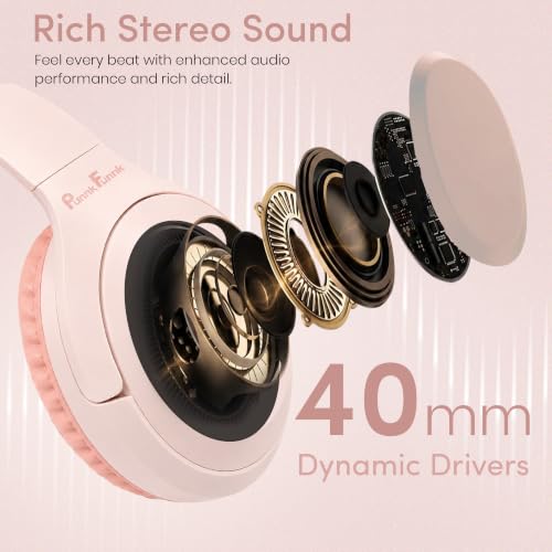 Image of PunnkFunnk BeatXtra Lite Premium Wireless Bluetooth Headphones V5.3, Over Ear Stereo Headset with Built-in Microphone, 40mm Drivers, AUX Mode, Comfortable Cushions, Up to 250 Hours Standby (Pink)
