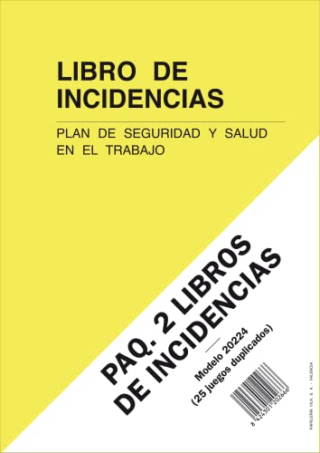 PAQ. 2 LIBROS DE INCIDENCIAS. Plan de Seguridad y Salud en el Trabajo. A4, 25 folios duplicados y...