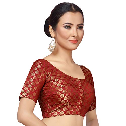 Image of Studio Shringaar Women's Readymade Brocade Short Sleeves Saree Blouse