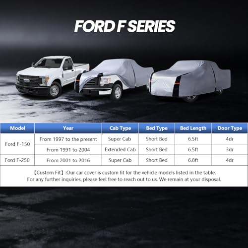 Image of Multi-Layer Ford F150 Truck Cover, Custom Fit F150 1997-2026 Super Cab Short Bed(6.5') Car Cover Waterproof All Weather, Full Exterior Cover Rain Wind Dust and UV Protection with Door Zipper