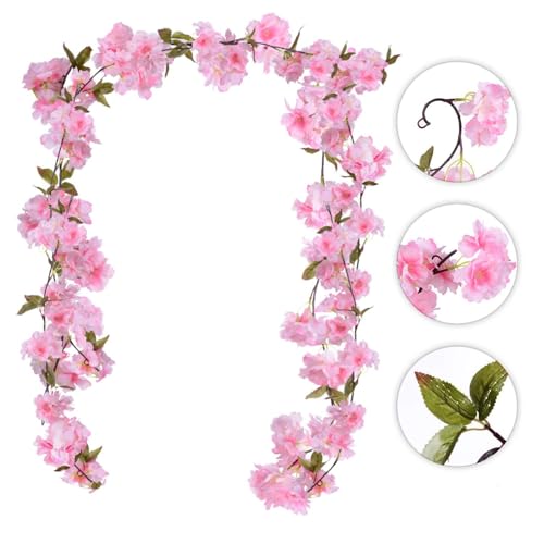 Image of Artificial Cherry Blossom Garland | Set of 2 String Hanging Vine | Faux Flowers for Home Garden Party Decor | Hanging Blossom Garland for Wedding Indoor Outdoor Decoration, Pink