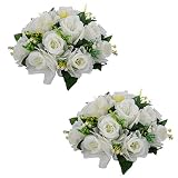 LANLONG 2 PCS Fake Flower Ball Arrangement Bouquet, 15 Heads Plastic Roses with Base, Artificial Flower for Wedding Bouquets Centerpieces Party Valentine's Day Home Decor