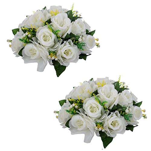 LANLONG 2 PCS Fake Flower Ball Arrangement Bouquet, 15 Heads Plastic Roses with Base, Artificial Flower for Wedding Bouquets Centerpieces Party Valentine's Day Home Decor