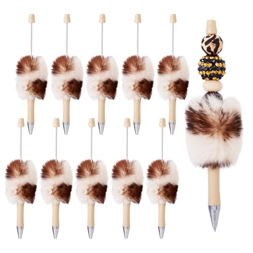 Beadthoven 10pcs Fluffy Beadable Leopard Pom Pom Pens - DIY Plastic Bead Ballpoint Pens With Black Ink for Making Supplies, Gift, Office, School - Light Brown