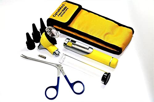 Premium Student Home USE LED Bright Light ENT Diagnostic Otoscope Pocket Size Yellow Plus Aligator Ear Nose Forceps Plus 1 Extra Replacement Bulb Plus 10 Specula Cynamed