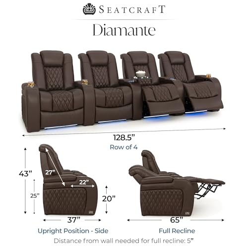 Image of Seatcraft Diamante Brown Italian Leather Home Theater Seating, Zero Gravity Power Recliner Gaming and Home Office Chair, Powered Headrest Lounge Sofa Furniture for Cinema Room, Row of 4