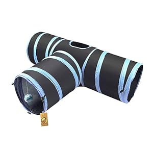 Foodie Puppies Interactive Lightweight Foldable T-Shape Tube Hiding Tunnel with Hanging Ball – Perfect for Small Cats, Kittens, Rabbits and Guinea Pigs (Blue Black)