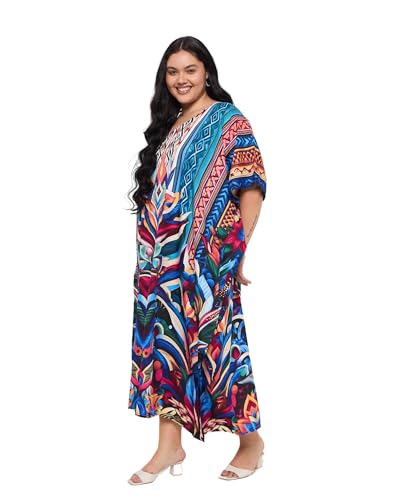 Image of Gypsie Blu Women Plus Size Kaftan Dress Beach Cover Up Maxi Dresses for Women, V-Neck Kimono Sleeve 1X-3X