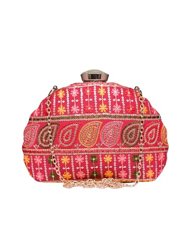 Artklim Red based Floral Sequins Fabric Clutch Bag For Women With Detachable Chain Strap