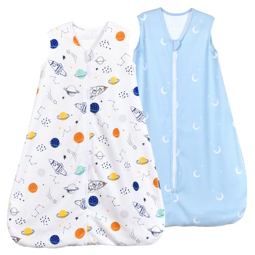 Image of david's kids Micro Fleece Baby Sleep Sack 0-6 Months, Soft Warm Baby Wearable Blankets with 2-Way Zipper, 2 Pack Comfy Sleeping Bags for Infant Newborn Boys Girls Neutral, Small Size, Space