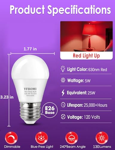 Image of 630nm Red Light Bulbs for Sleep Dimmable, 100% Blue Light Blocking A15 Red LED Dim Bulbs Bedroom Night Light for Party Decoration, Porch, Holiday Lighting etc Home Bulb E26 Base 5W 4Pack