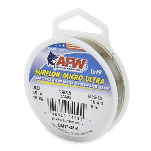 American Fishing Wire Surflon Micro Ultra, Nylon Coated 1x19 Stainless Steel Leader Wire, 35 lb test, 021" diameter, Camo, 5 m