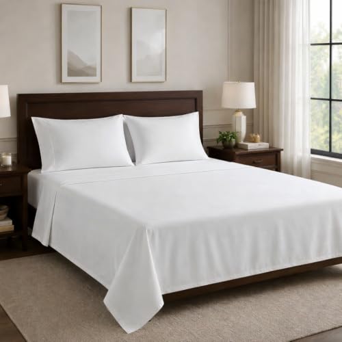 Image of Egyptian Cotton Feel King Size Flat Bedsheet with 2 Pillow Covers | 800 TC Soft & Breathable | White Solid Pattern for Bedrooms and Hotels Use (Size: 102 x 108 Inch)