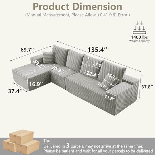 Image of 135 inch Cloud Sectional Couch with L-Shape Chaise, Upholstered Corduroy Couches Sleeper Chaise Longue, Modern Modular Comfy Deep Seat Sofa for Living Room Bedroom, No Assembly Required, Grey