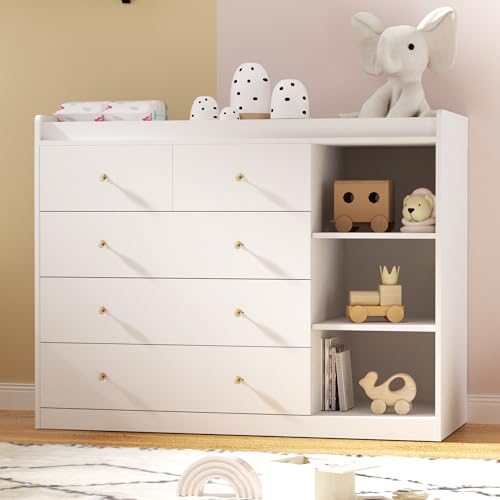 Image of 47.2 inch White Nursery Dresser with 5 Drawers and 3 Open Shelves Changing Table Dresser with Changing Table Top Diaper Changing Station with Storage for Nursery Children's Room