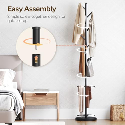 YATINEY Coat Rack Stand with Umbrella Holder, 69 Inch Freestanding Coat Tree for Entryway, Clothing Rack Hanger for Hats, Bags, Jackets, Metal Coat Stand Organizer for Bedroom, Office, Black YM03BB