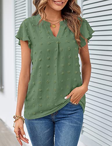 Merokeety Women Casual V Neck Flutter Short Sleeve Blouse Swiss Dot Loose Tunic Shirt Top Green Medium #TOP2