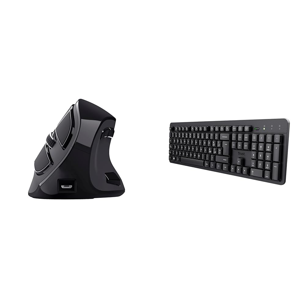 Trust Mouse Wireless Ergonomico Ricaricabile, Nero, One Size & Ody II Tastiera Wireless Silenziosa Layout Italiano QWERTY, Tasti a Profilo Ribassato