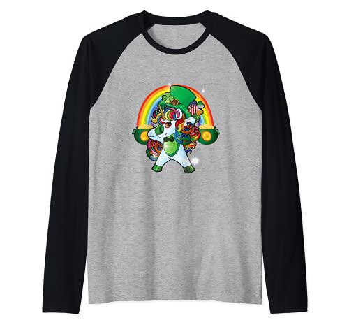 Kids St Patricks Day Dabbing Irish Unicorn Leprechaun Girls Manche Raglan