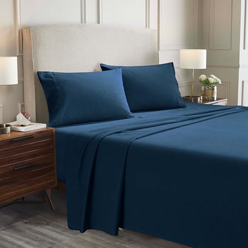 Superior Paisley or Solid Flannel Cotton Sheet Set, Fuzzy Warm Sheets, Traditional Bohemian Bedding, Includes 1 Flat Sheet, 1 Elastic Deep Pocket Fitted Sheet, 1 Pillowcase, Twin, Navy Blue