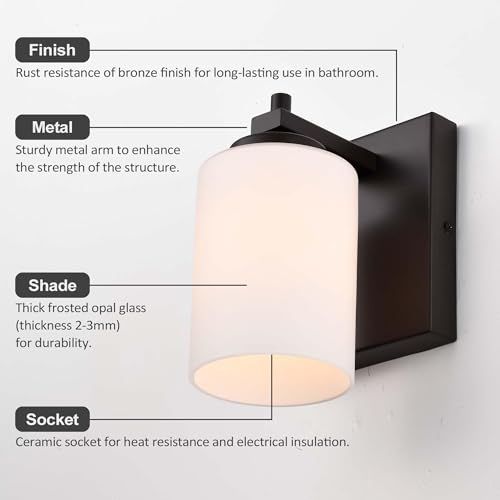 Image of 1 Light Bathroom Vanity Light Fixture, Farmhouse Single Sconce with Frosted White Glass Shade, Bronze